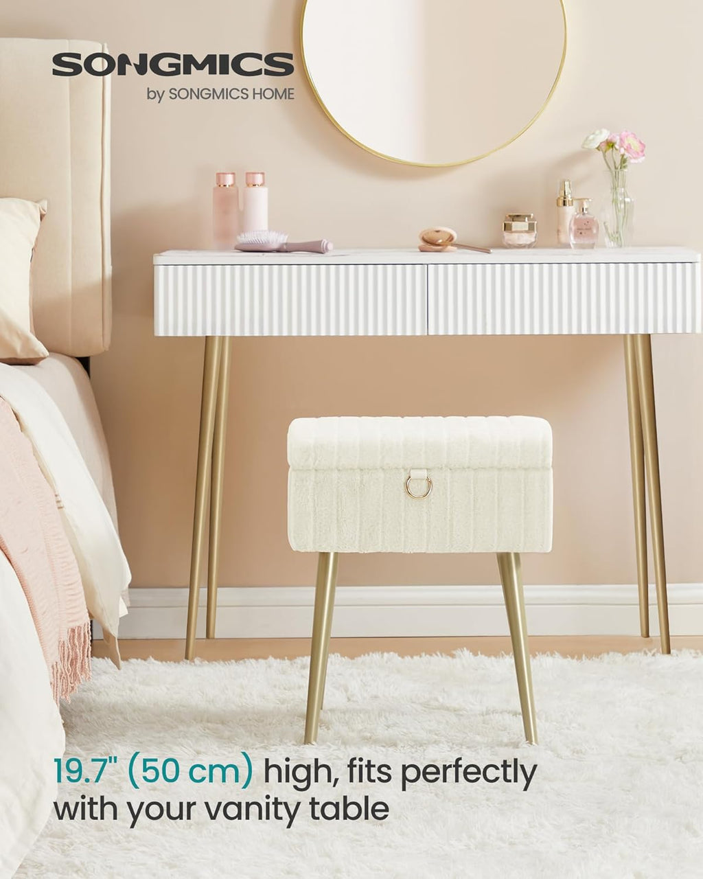 Vanity Stool Chair Faux Fur with Storage, Vanity Bench, Metal Legs, Adjustable Feet, for Living Room, Bedroom, Makeup Room, Cream White ULOM505WZ02