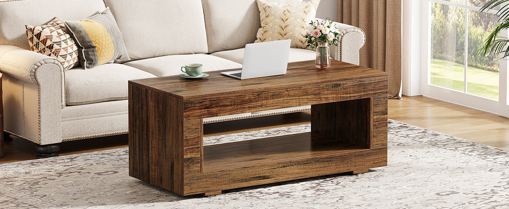 Tribesigns Round Coffee Table, 31.7" Wooden 2-Tier Circle Coffee Table with Storage Shelves, Modern Accent Cocktail Table Center Table for Living Room, Rustic Brown