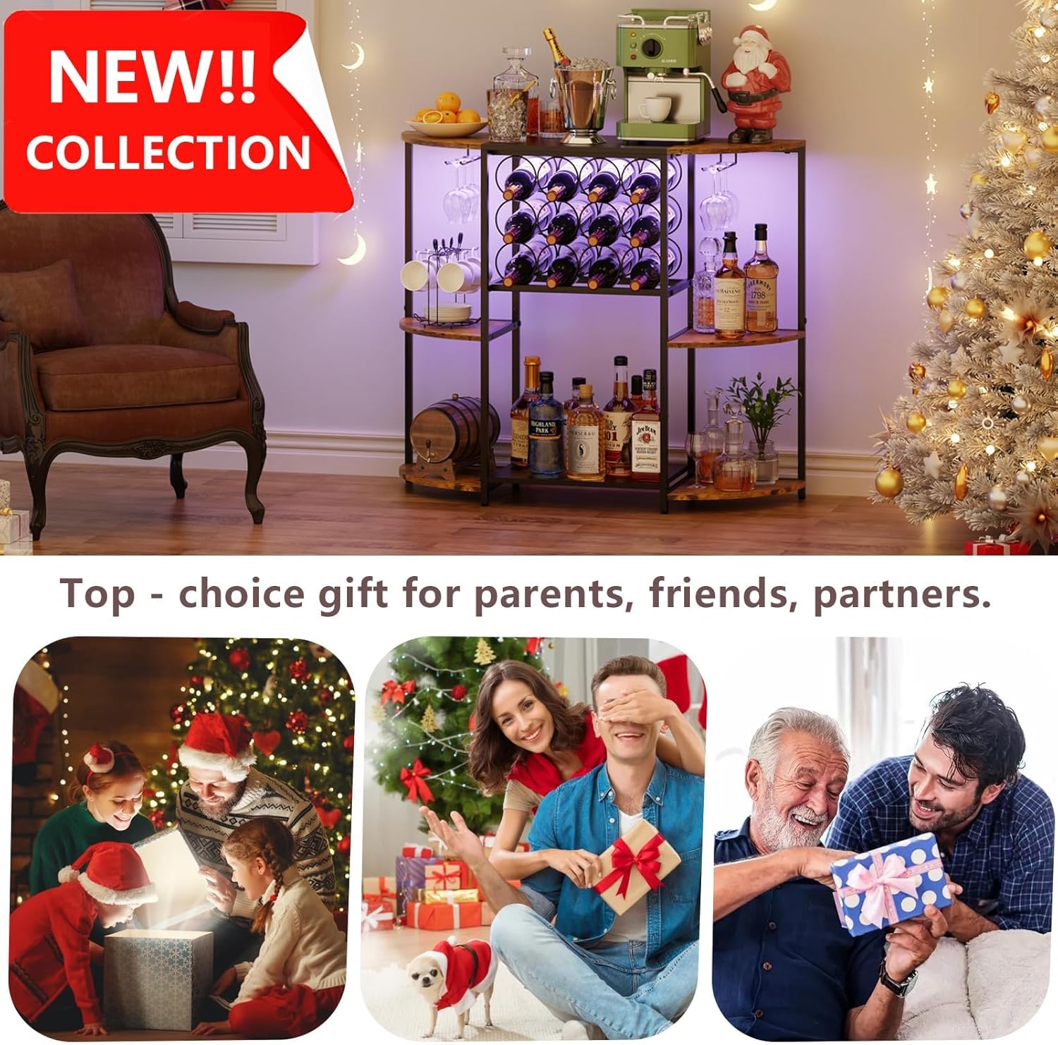 JKsmart Wine Bar Cabinet with LED Lights, Mini Wine Rack with Storage and Glass Holder, Home Bar Cart for Liquor, 3-Tier Bar Table for Kitchen, Dining Room, Living Room, Rustic Brown