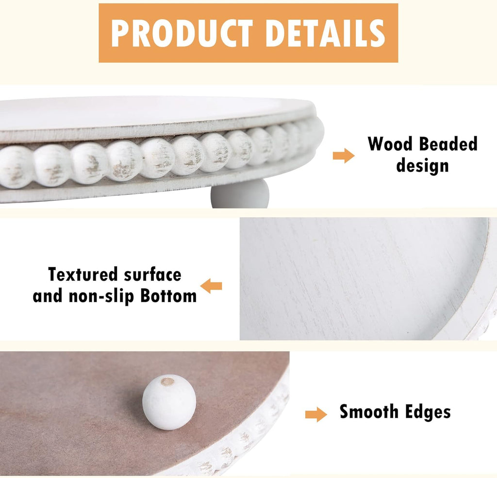 12in Round Wood Tray - White, Distressed, Farmhouse Rustic - Decorative Tray for Living Room, Coffee Table, Kitchen Table or Farmhouse Serving Tray