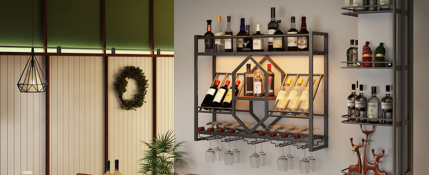 HOOBRO Wall Mounted Wine Rack with LED Light, 31.5" Wine Shelf, 3 Tier Wine Bottle Display Shelf with Glass Holder, Hanging Bar Liquor Storage Rack, for Kitchen, Bar, Rustic Brown and Black BF73DBJ01